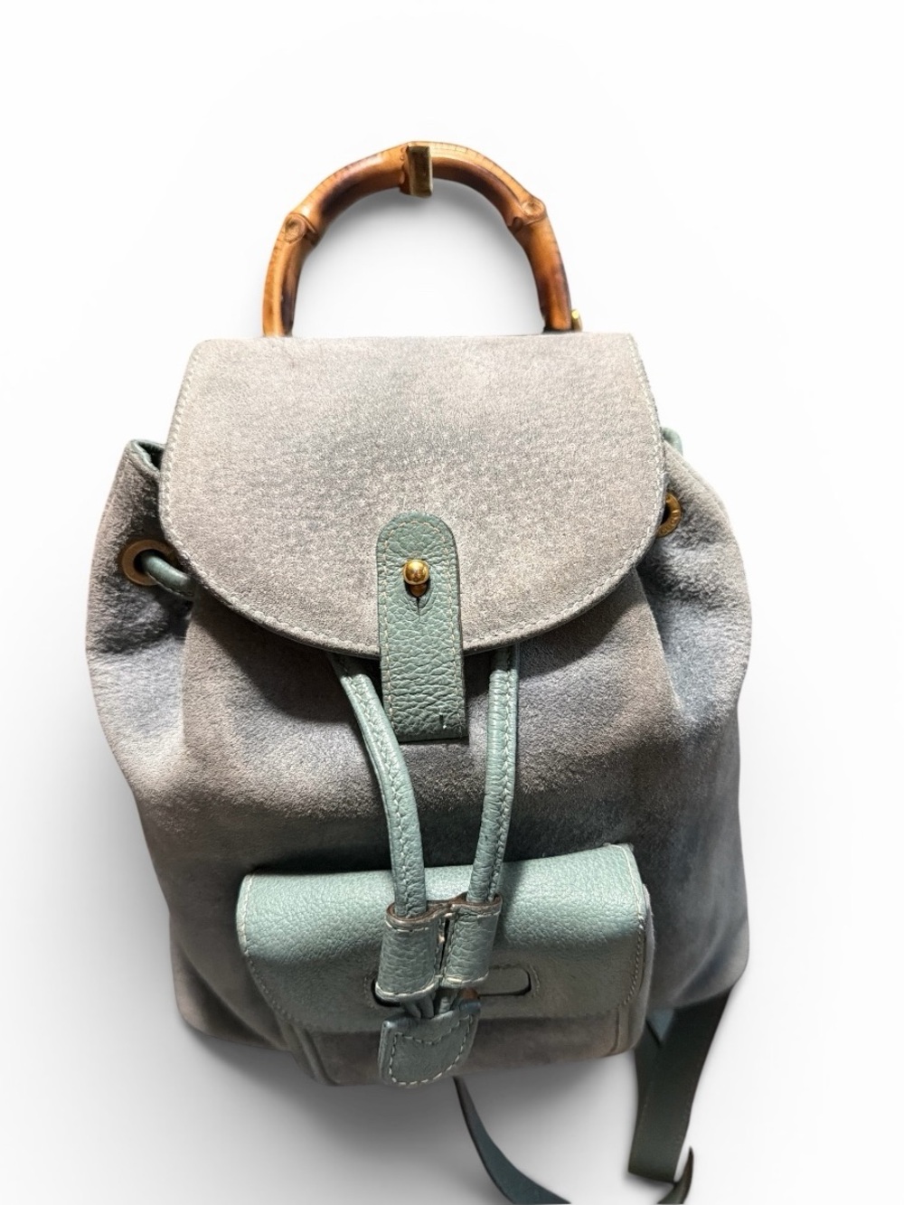 Gucci Light Green Suede Backpack with Bamboo Handle